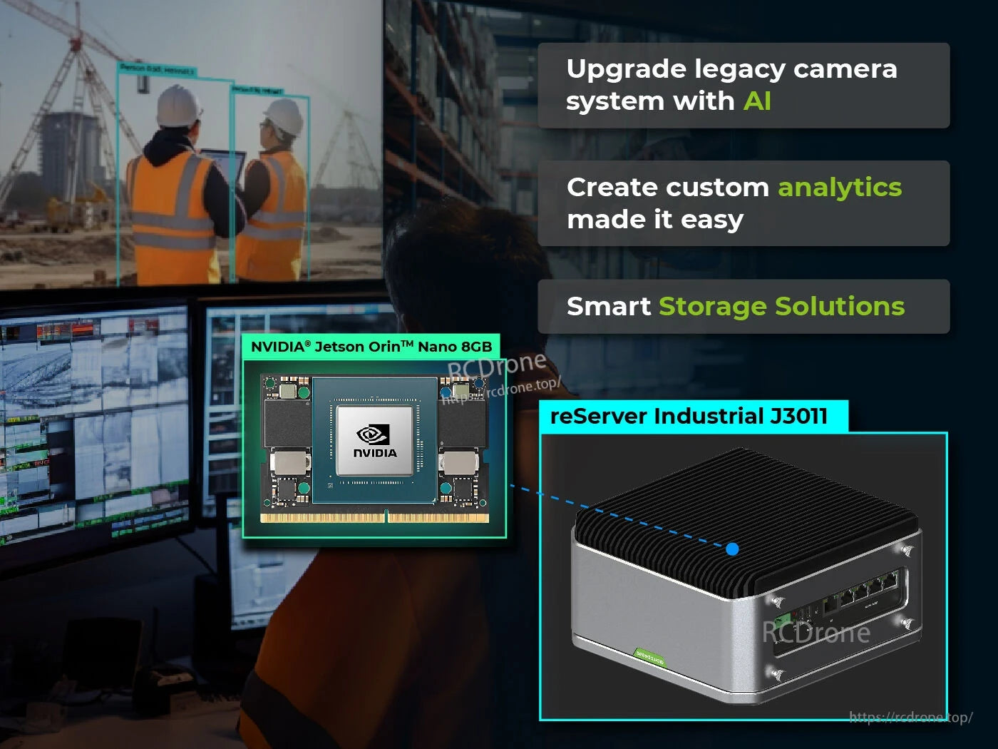 Upgrade cameras with AI analytics, smart storage using Jetson Orin Nano 8GB, 5x GbE PoE, and dual SATA bays.