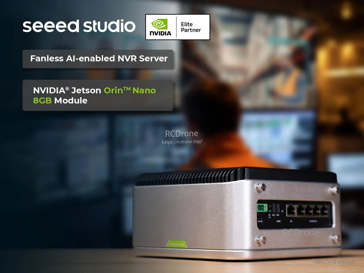 Fanless AI NVR server with NVIDIA Jetson Orin Nano 8GB, 5x GbE PoE, dual SATA bays, and elite branding.