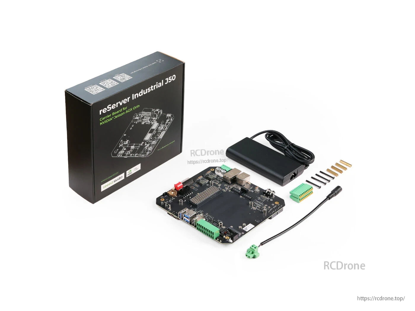The reServer J50 carrier board supports NVIDIA Jetson AGX Orin with 10GbE/GbE, USB 3.1, M.2, SATA III, HDMI 2.1, and 12–36V DC input for industrial applications.