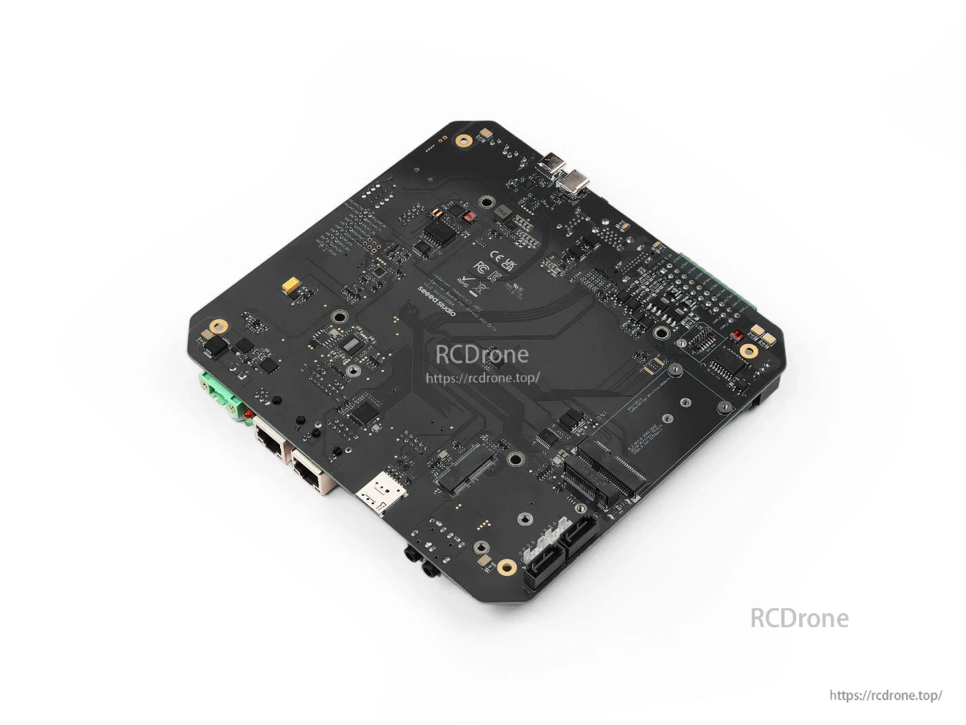 Jetson AGX Orin carrier board features 10GbE, USB 3.1, M.2, SATA III, HDMI 2.1, and 12–36V DC input for high-performance drone applications.