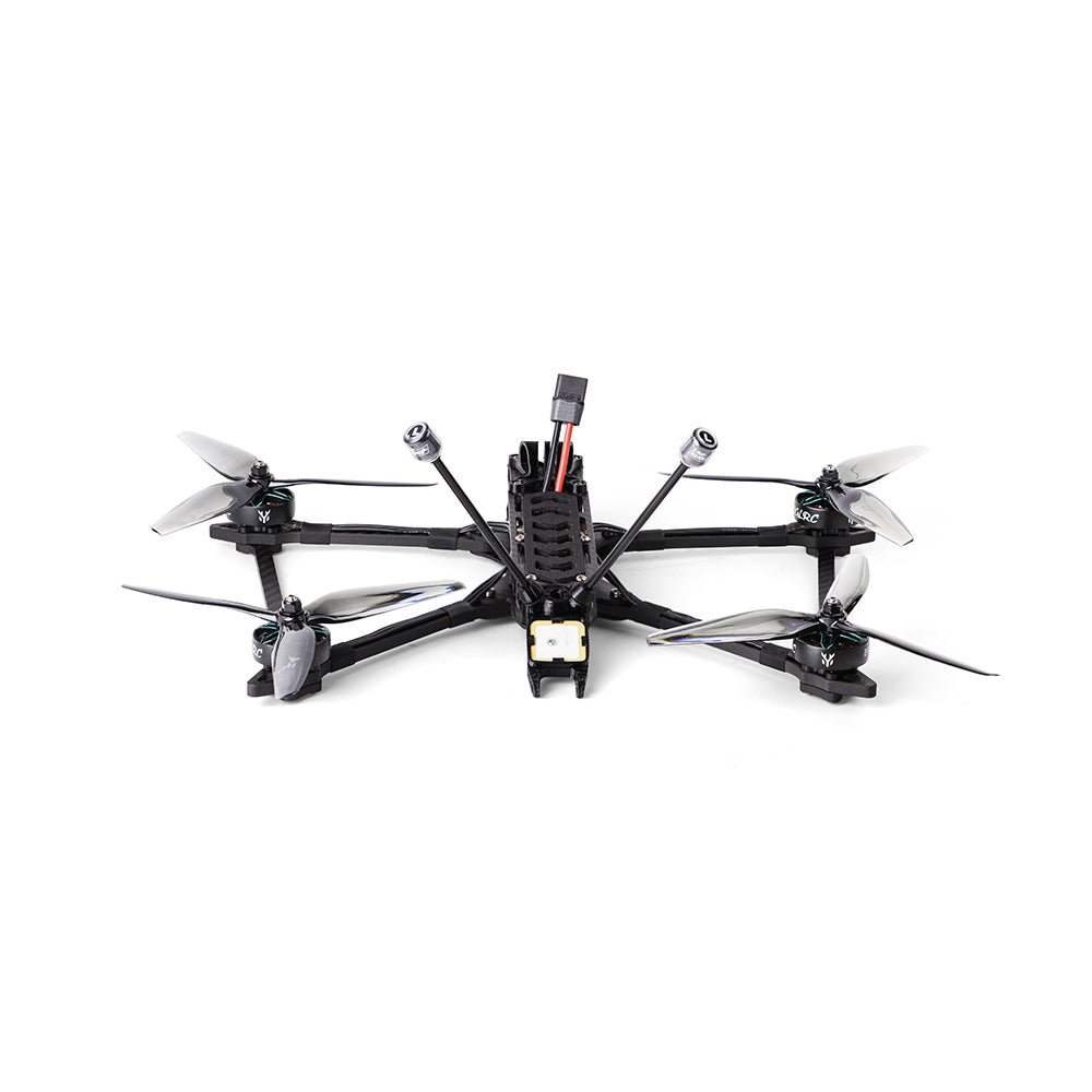 HGLRC Rekon7 PRO LR 7-inch FPV drone top view showing battery lead, arms and propellers