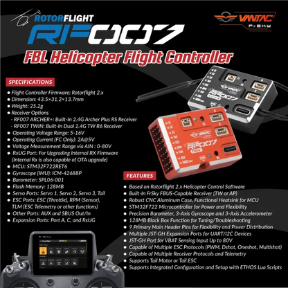RF007 FBL helicopter flight controller specifications and features graphic showing red and black versions with antennas