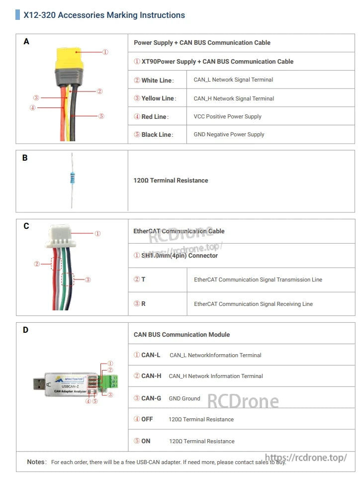 RMD X12 320 Servo, X12-320 accessories include power supply, CAN BUS, EtherCAT cables, modules, color-coded wiring, connectors, and a free USB-CAN adapter for easy installation.