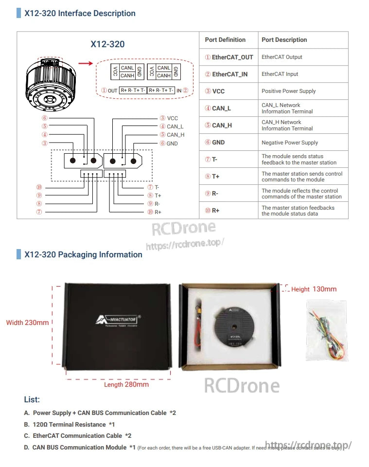 RMD X12 320 Servo, The Servo interface X12-320 supports EtherCAT, CAN bus, and power connections. The package includes power supply, cables, resistors, and a free USB-CAN adapter.