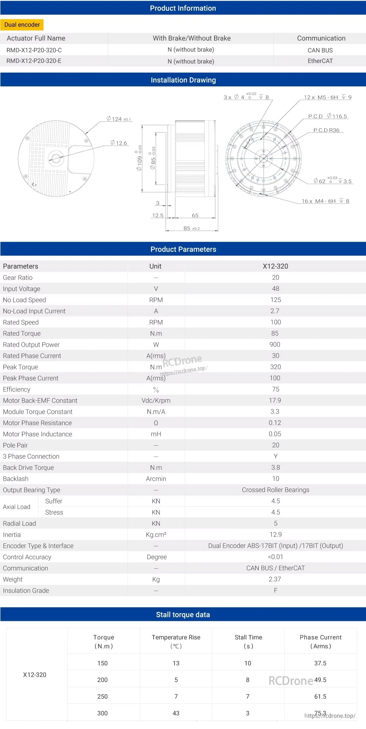 RMD X12 320 Servo, RMD-X12-P20-320 servo actuator features dual encoder, 20:1 gear ratio, 48V/900W power, 85Nm torque, CAN BUS/EtherCAT, 2.37kg weight, roller bearings, 12.9kg.cm² inertia.