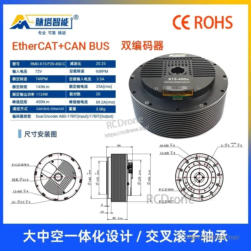 RMD-X15-450 Servo, High-torque servo motor with EtherCAT+CAN BUS, dual encoder, 72V, 145N.m, 20:1 ratio, hollow design, crossed roller bearing, 3.5kg.