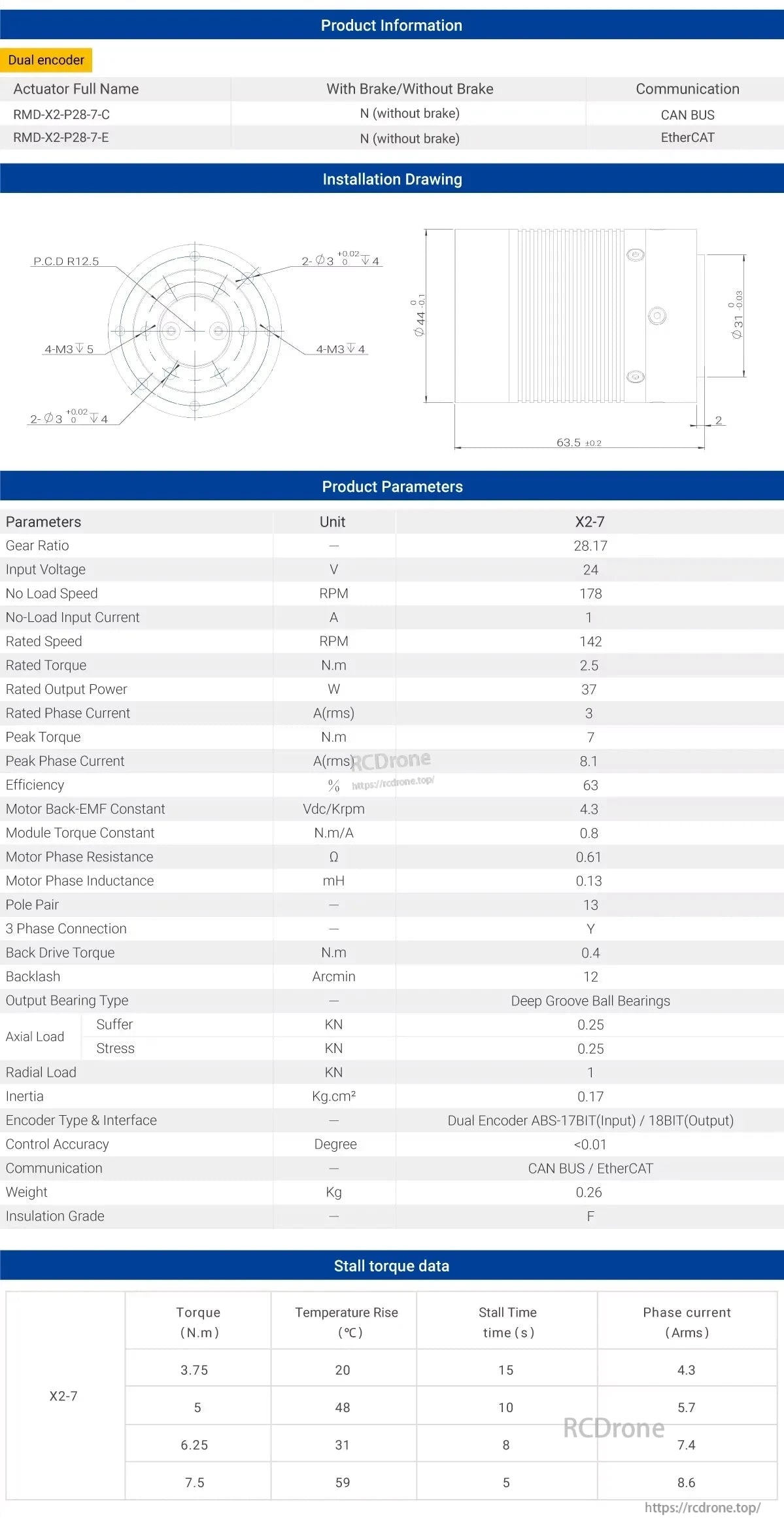 RMD X2-7 Servo Motor, The RMD-X2-P28-7 servo motor features dual encoder, 24V input, 2.5N.m torque, 142 RPM, CAN BUS/EtherCAT, and weighs 0.26kg. Includes installation drawing and detailed specs.