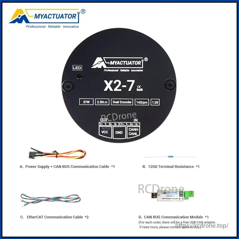 RMD X2-7 Servo Motor, The MYACTUATOR X2-7 servo motor provides 37W power, 2.5N.m torque, dual encoder, and various connectivity options, including CAN BUS and EtherCAT. It features easy setup, certifications, and reliable performance.