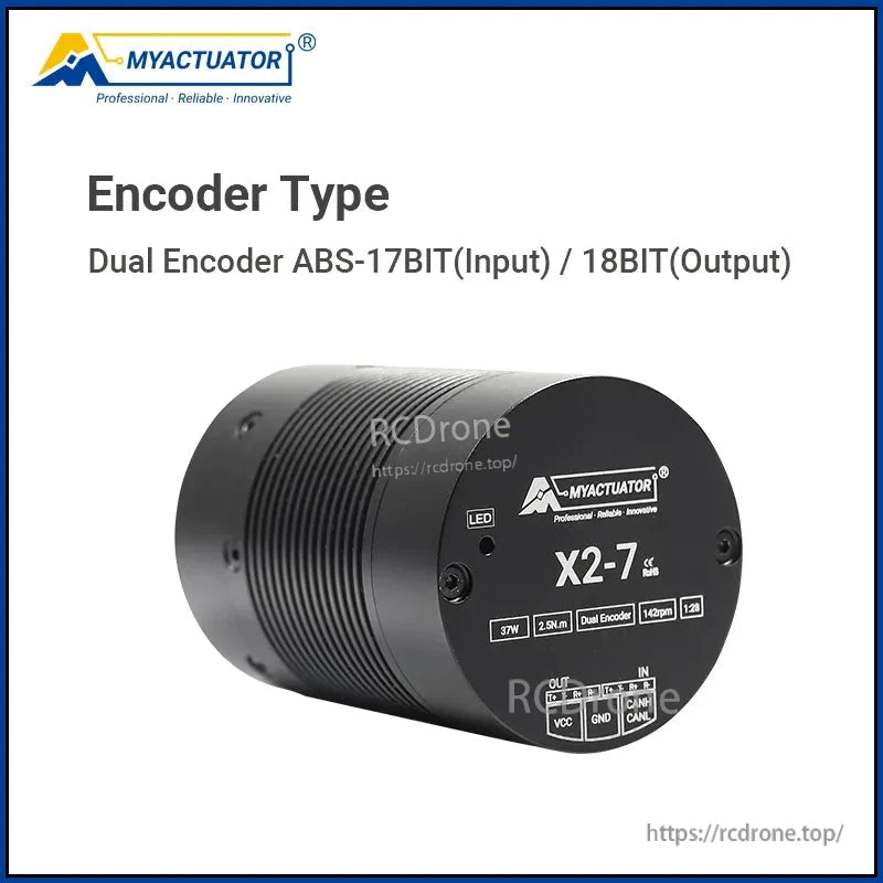 RMD X2-7 Servo Motor, The X2-7 servo motor features dual encoders, 37W power, 2.5N.m torque, 142rpm speed, CAN bus, and LED indicator.