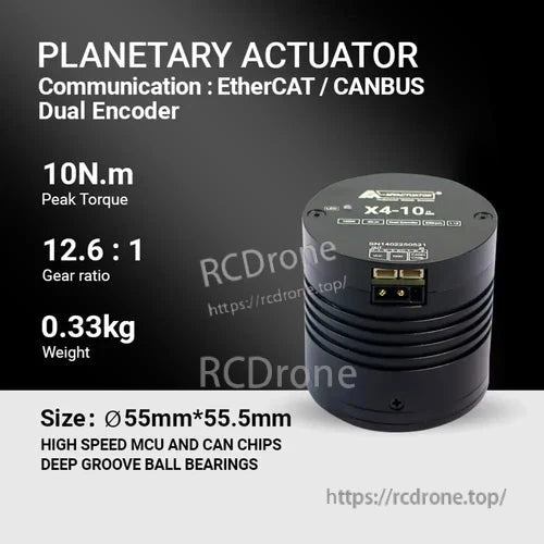 RMD-X4-10 Robot Joint Drive, Planetary actuator: 10N.m torque, 12.6:1 gear ratio, 0.33kg, Ø55×55.5mm. EtherCAT/CANBUS, dual encoder, MCU, CAN chips, ball bearings.