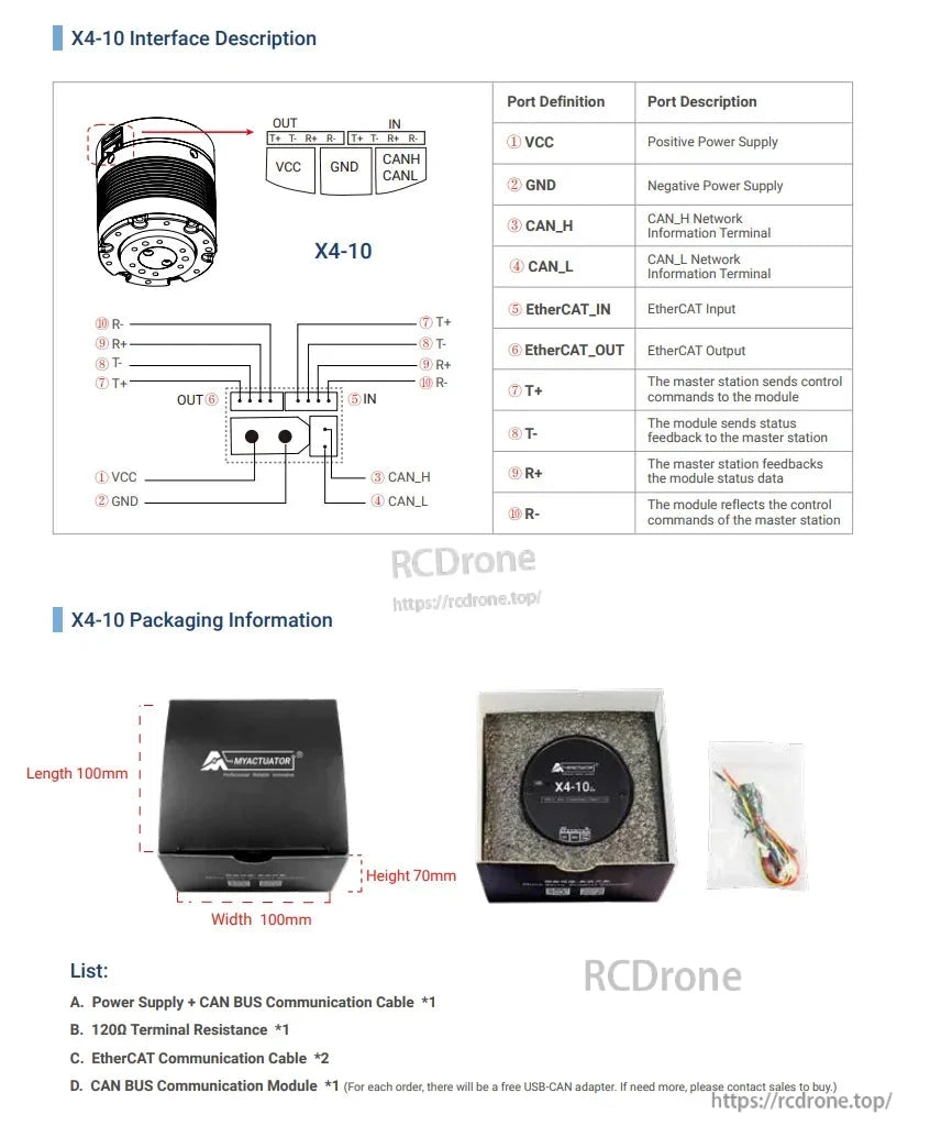 RMD-X4-10 Robot Joint Drive, The X4-10 interface features power, CAN, and EtherCAT ports, includes a power supply, cables, resistors, and a module, measures 100x100x70mm, and comes with a USB-CAN adapter.