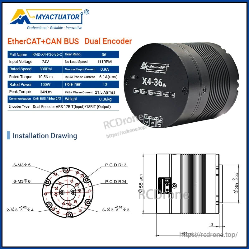 RMD-X4-36 Motor, The RMD-X4-P36-36C motor features 24V, 10.5N.m torque, 83RPM, dual encoder, EtherCAT+CAN BUS, 36 gear ratio, 0.36kg weight, and ABS-17BIT/18BIT encoder with detailed dimensions.