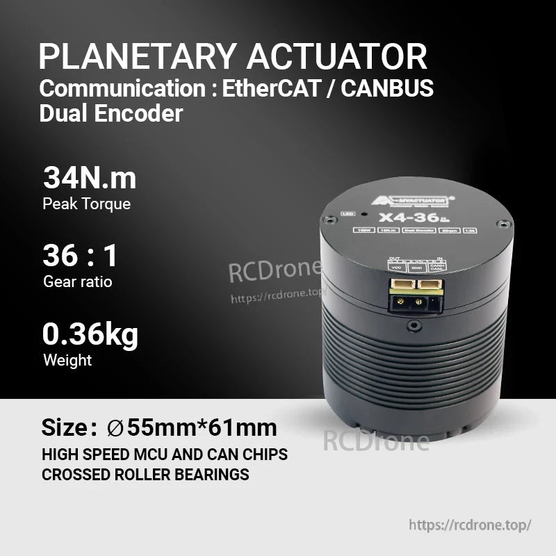 RMD-X4-36 Motor, Planetary actuator with 34N.m torque, 36:1 gear ratio, 0.36kg weight, 55mm×61mm size. Features EtherCAT/CANBUS, dual encoder, high-speed MCU, CAN chips, crossed roller bearings.