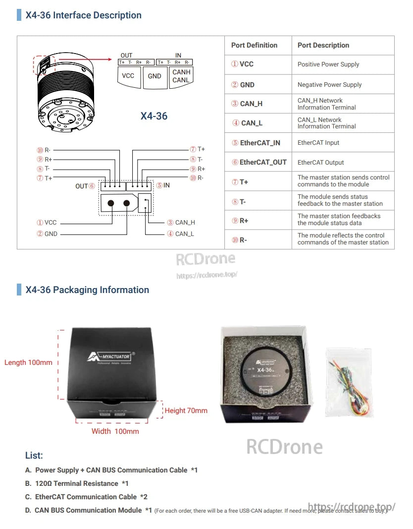RMD-X4-36 Motor, Interface details: power, CAN, EtherCAT ports. Includes motor, cables, resistors, communication modules. Dimensions: 100x100x70mm. Comes with USB-CAN adapter.