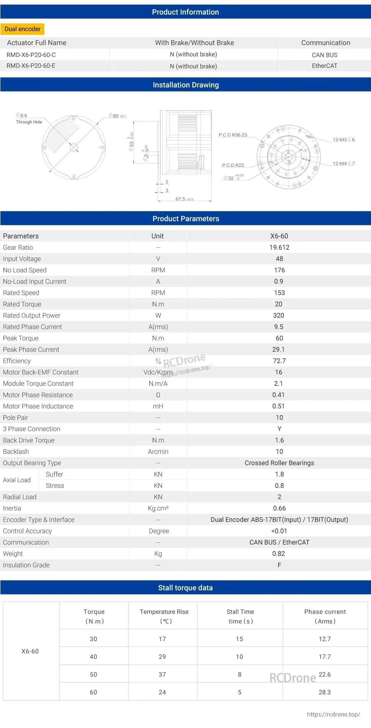 The RMD-X6-60 servo actuator features dual encoders, a 19.612 gear ratio, 48V input, 320W power, CAN BUS/EtherCAT communication, 20 N.m rated torque, 60 N.m peak torque, and weighs 0.82 kg.