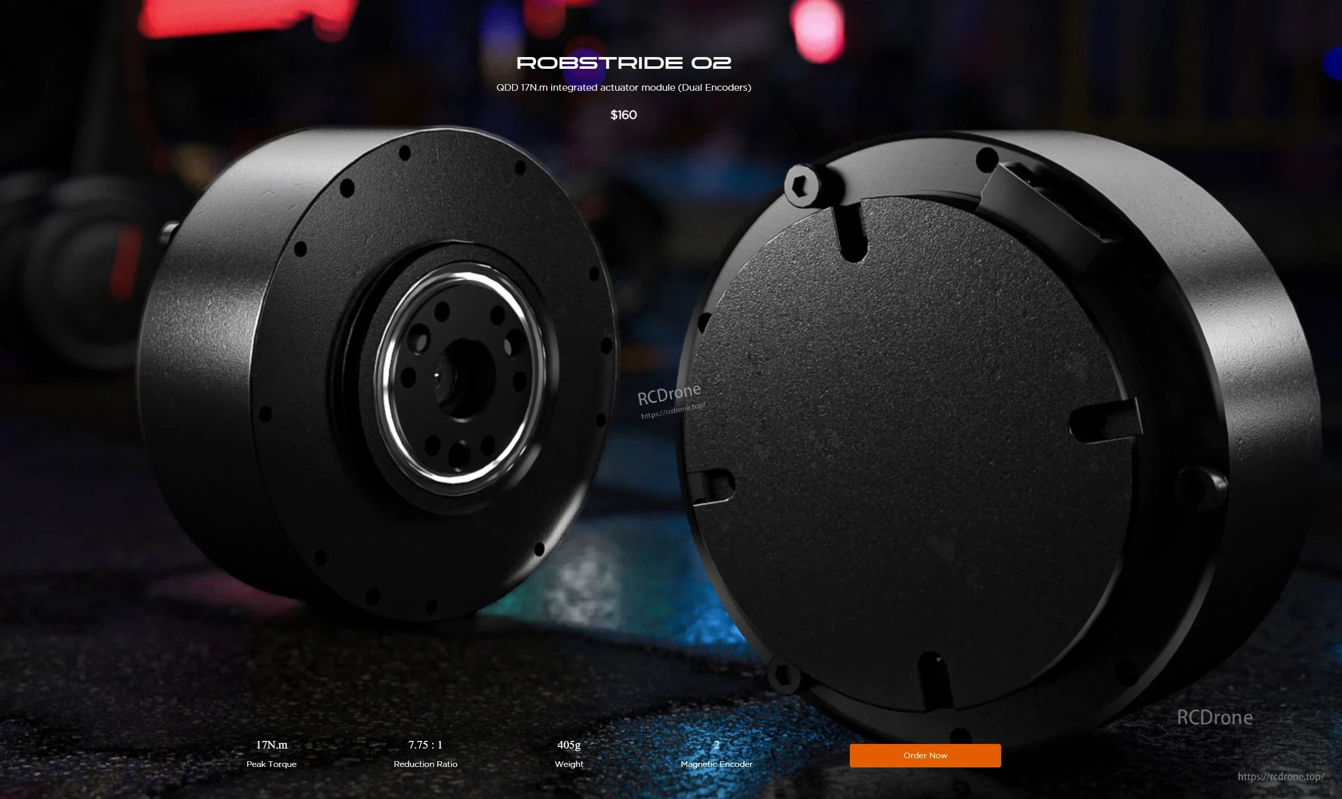 RoboActuator 02 FOC delivers 17N.m torque, 7.75:1 reduction ratio, weighs 405g, features magnetic encoder. Available for $160.