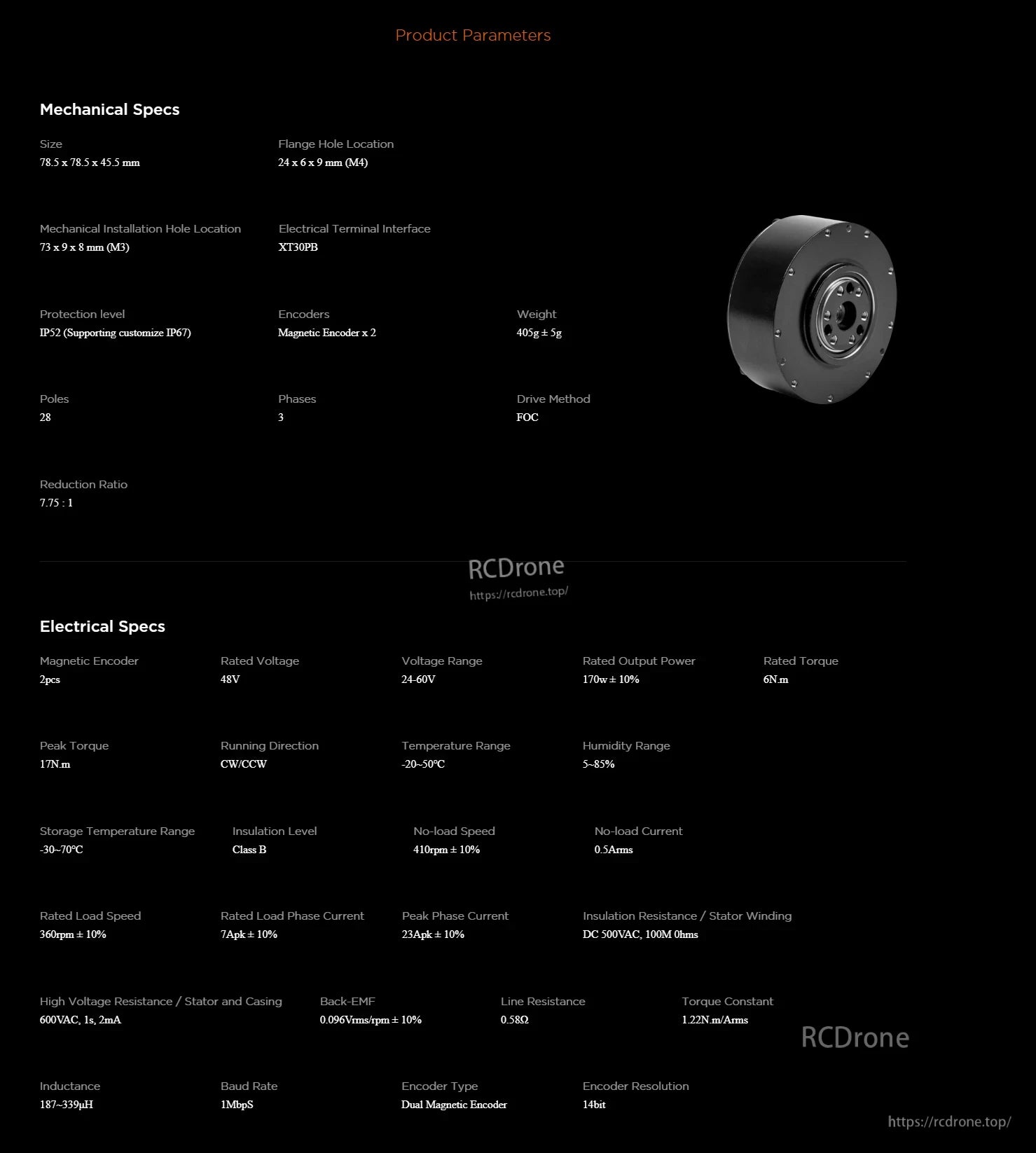 RoboActuator 02 FOC: Compact, 48V, 170W, 6Nm torque, 360rpm, dual magnetic encoder, 14-bit resolution, IP52, -20 to 50°C, 405g.