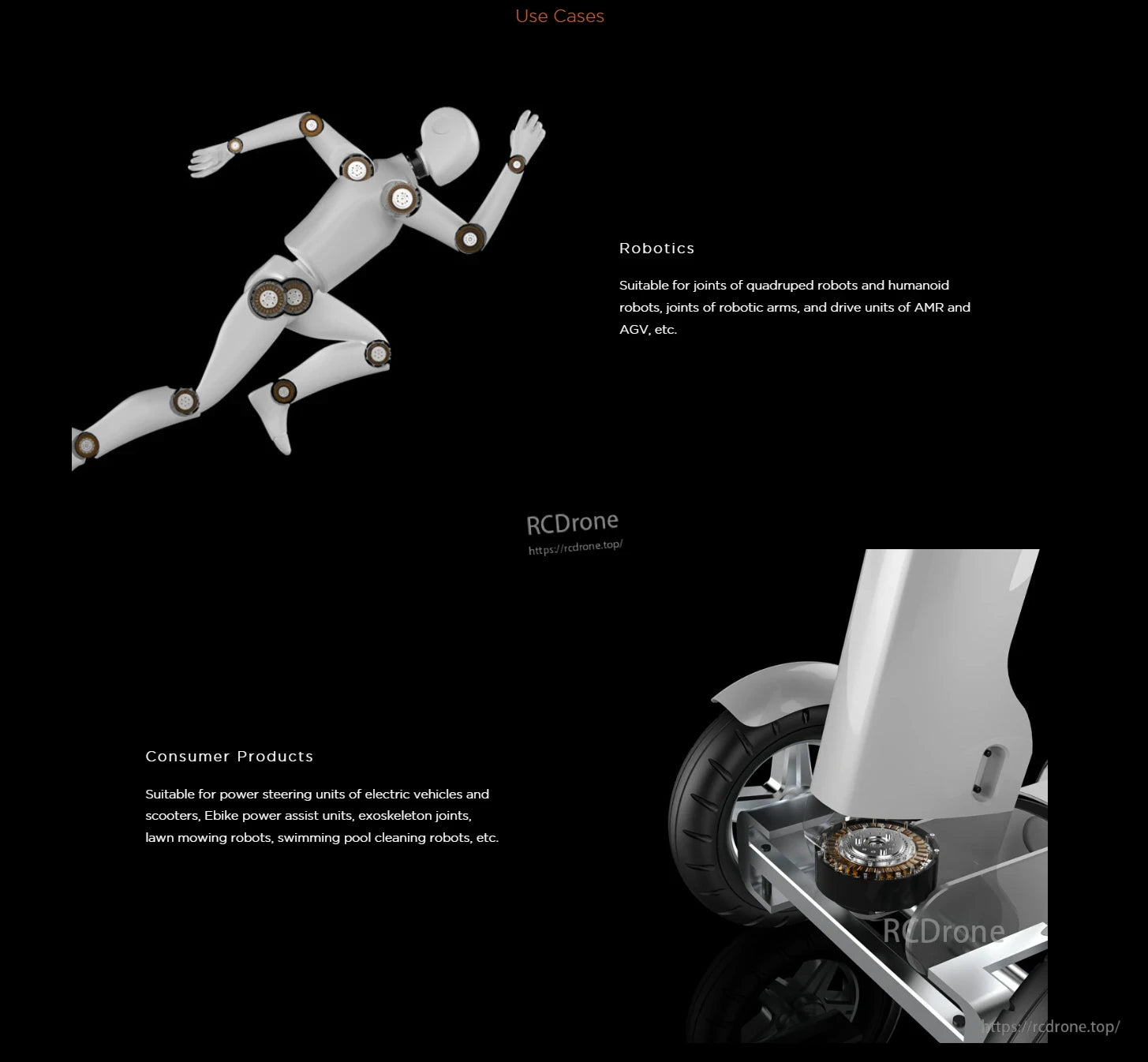 RoboActuator 02 FOC is ideal for robotics and consumer products, used in robot joints, AMR/AGV drives, EV steering, e-bikes, exoskeletons, lawn mowers, and pool cleaners.