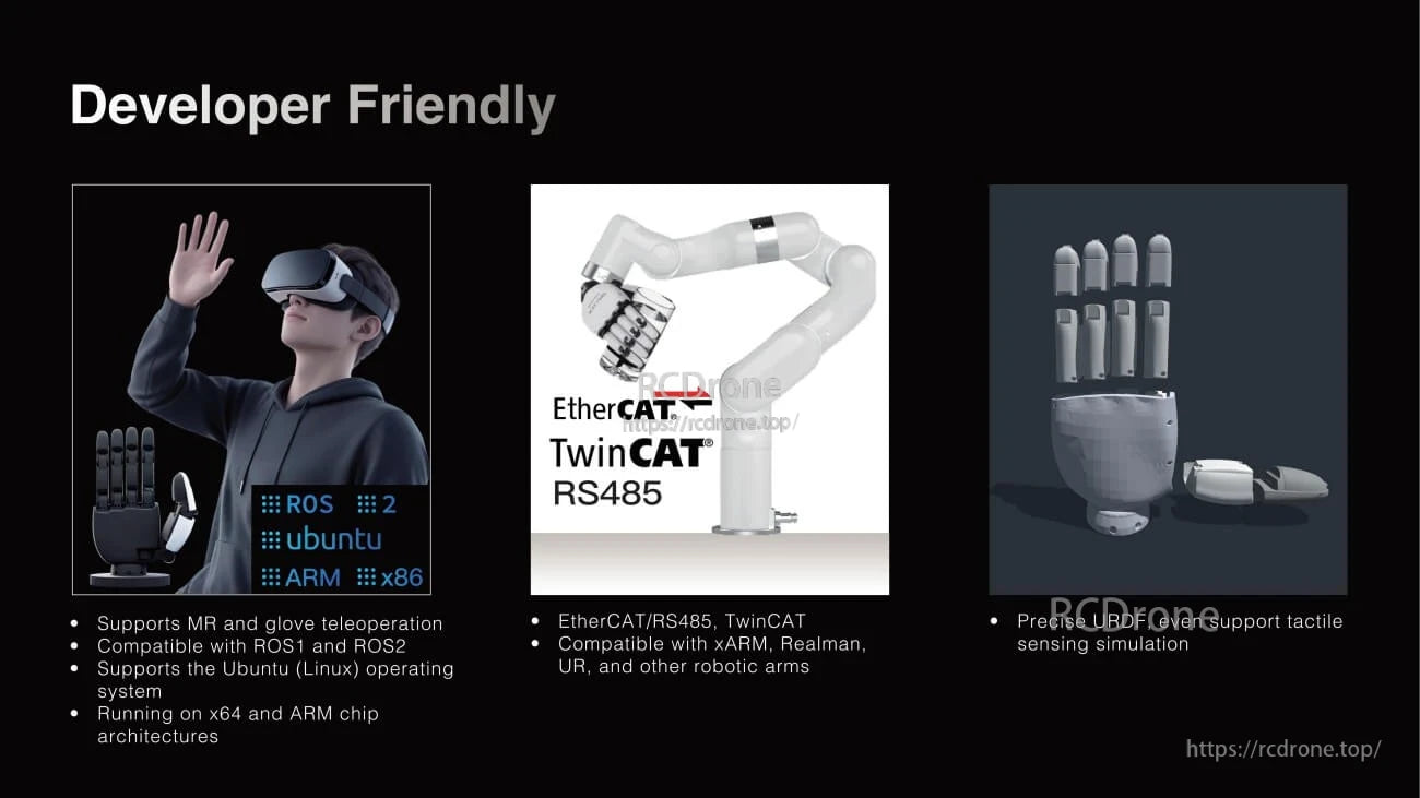 ROBOTERA XHAND 1 Robot Hand, ROBOTERA XHAND 1 supports MR/glove teleoperation, ROS1/ROS2, tactile sensing, and integrates with multiple robotic arms via EtherCAT/TwinCAT/RS485.