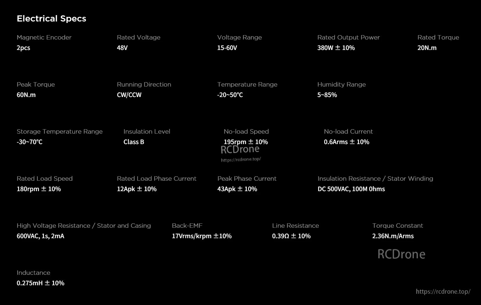 The RobStride 03 Actuator Module features 48V, 380W power, 20N.m torque, operates at -20~50°C, 5-85% humidity, with 195rpm speed, 0.6A current, Class B insulation, and 600VAC high voltage resistance.