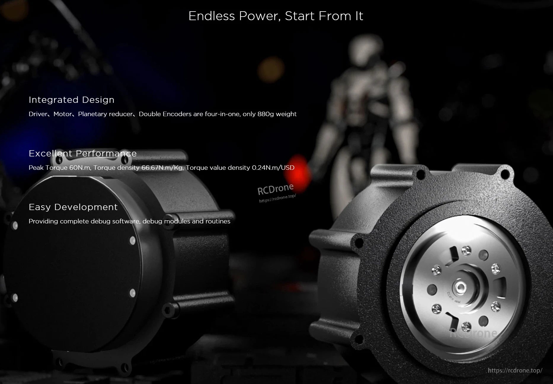 RobStride 03 Actuator Module: High performance, lightweight (880g), 60N.m torque, 66.6 N.m/Kg density, easy development with included software.