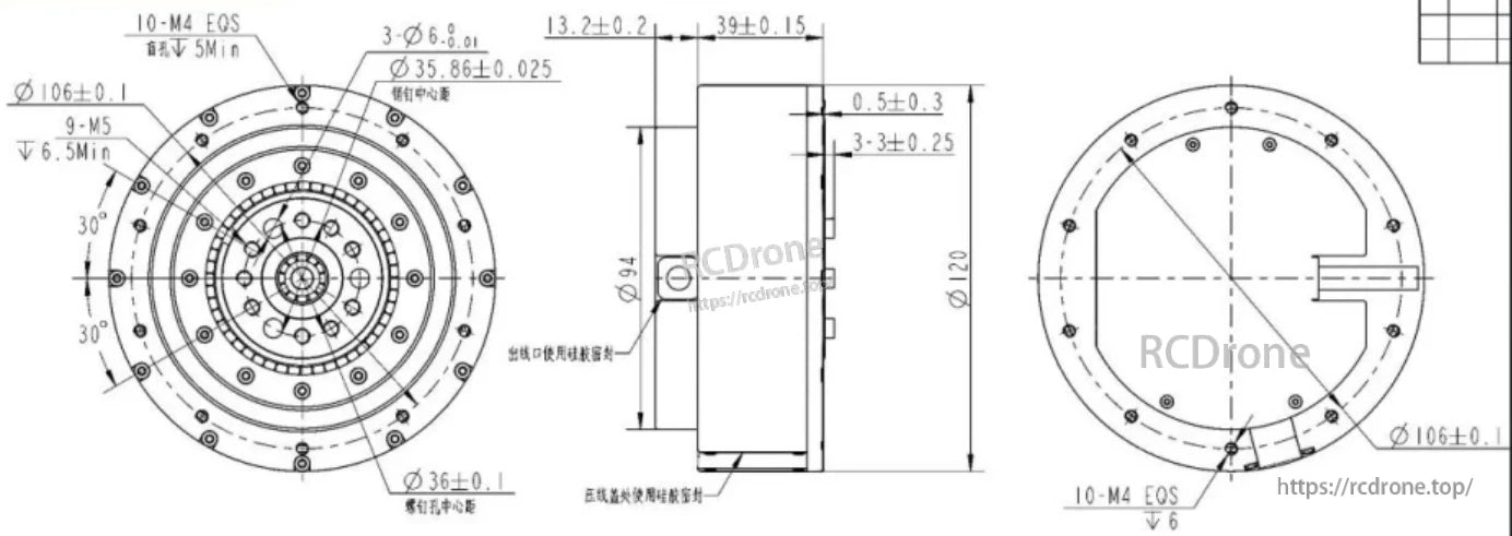 The RobStride 04 Actuator Module features precise dimensions, tight tolerances, and specific screw patterns for accurate assembly.