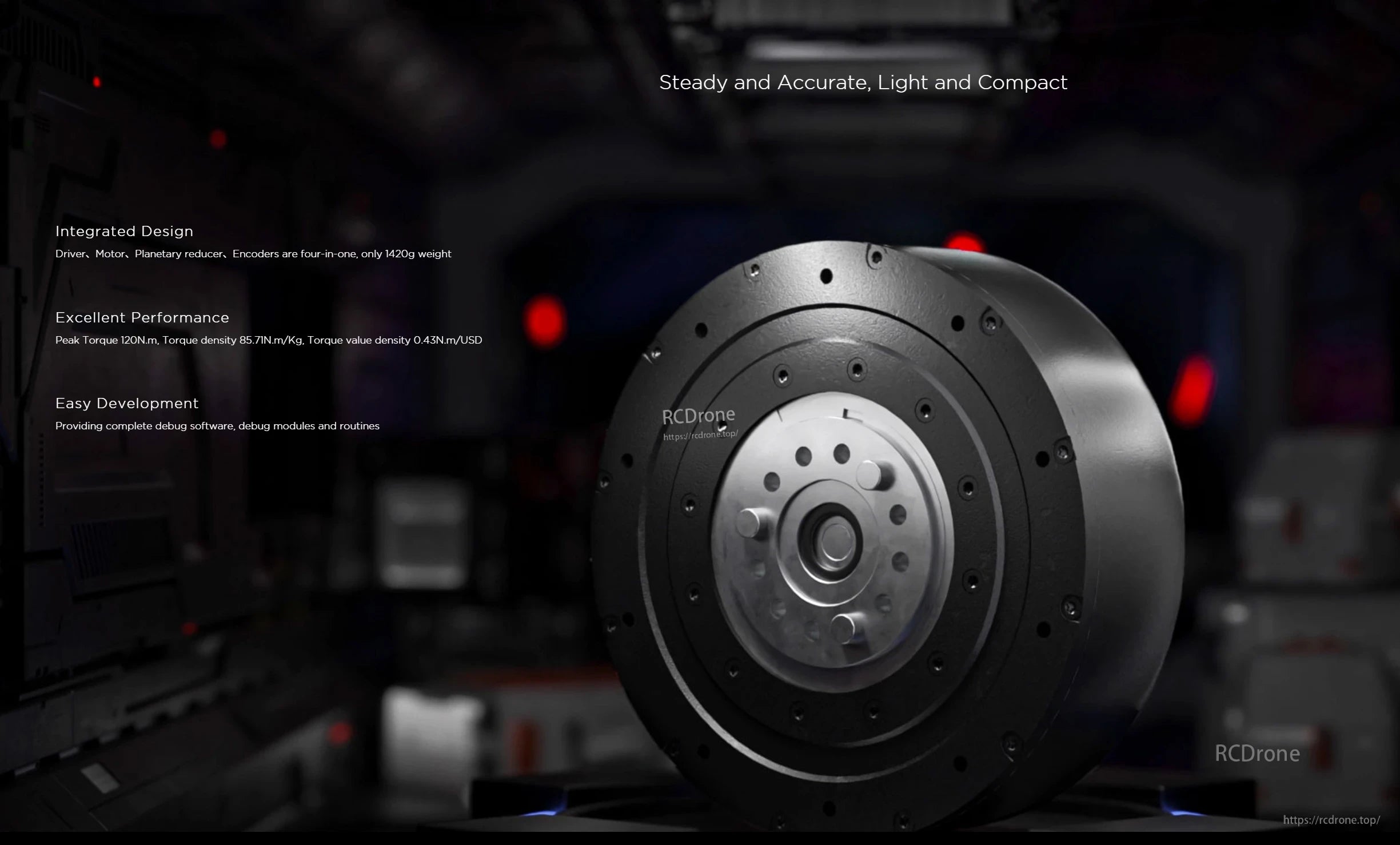 The RobStride 04 Actuator Module features an integrated design, 1420g weight, 120N·m peak torque, easy development with software, and offers steady, accurate, compact performance.