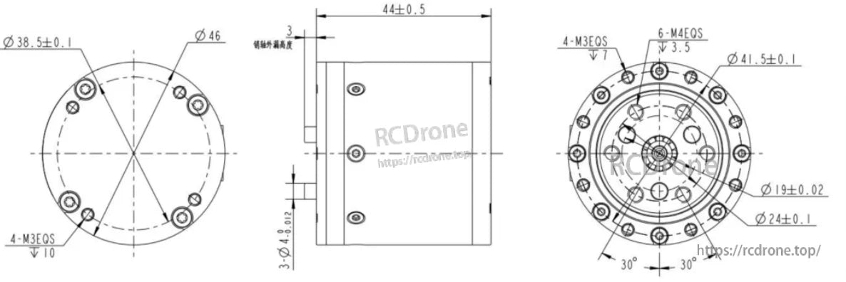 RobStride 05 Actuator Module has dimensions including various diameters, angles, and screw types (M3, M4).