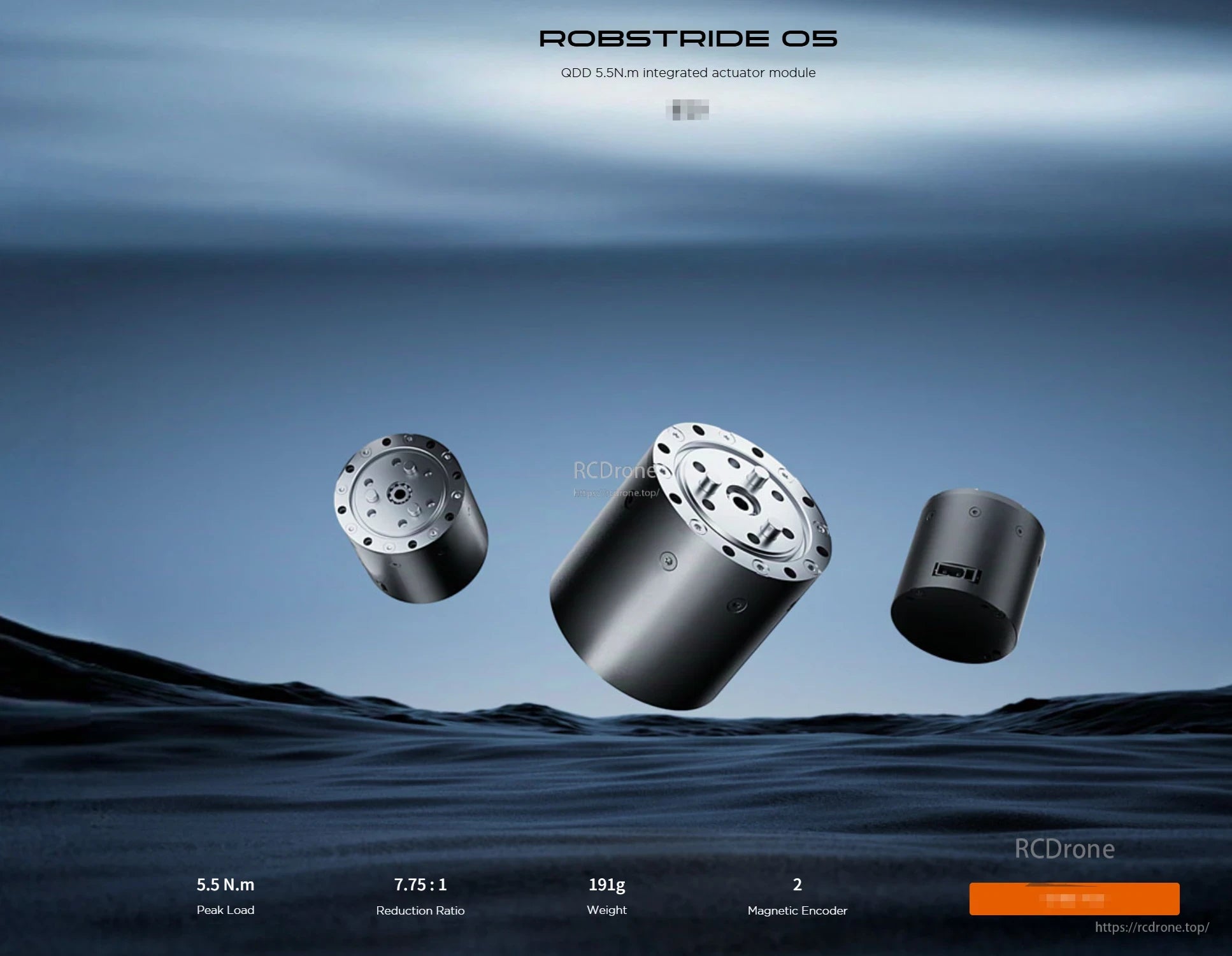 The RobStride 05 Actuator Module features a 5.5 N·m peak load, 7.75:1 reduction ratio, weighs 191g, and includes a magnetic encoder.
