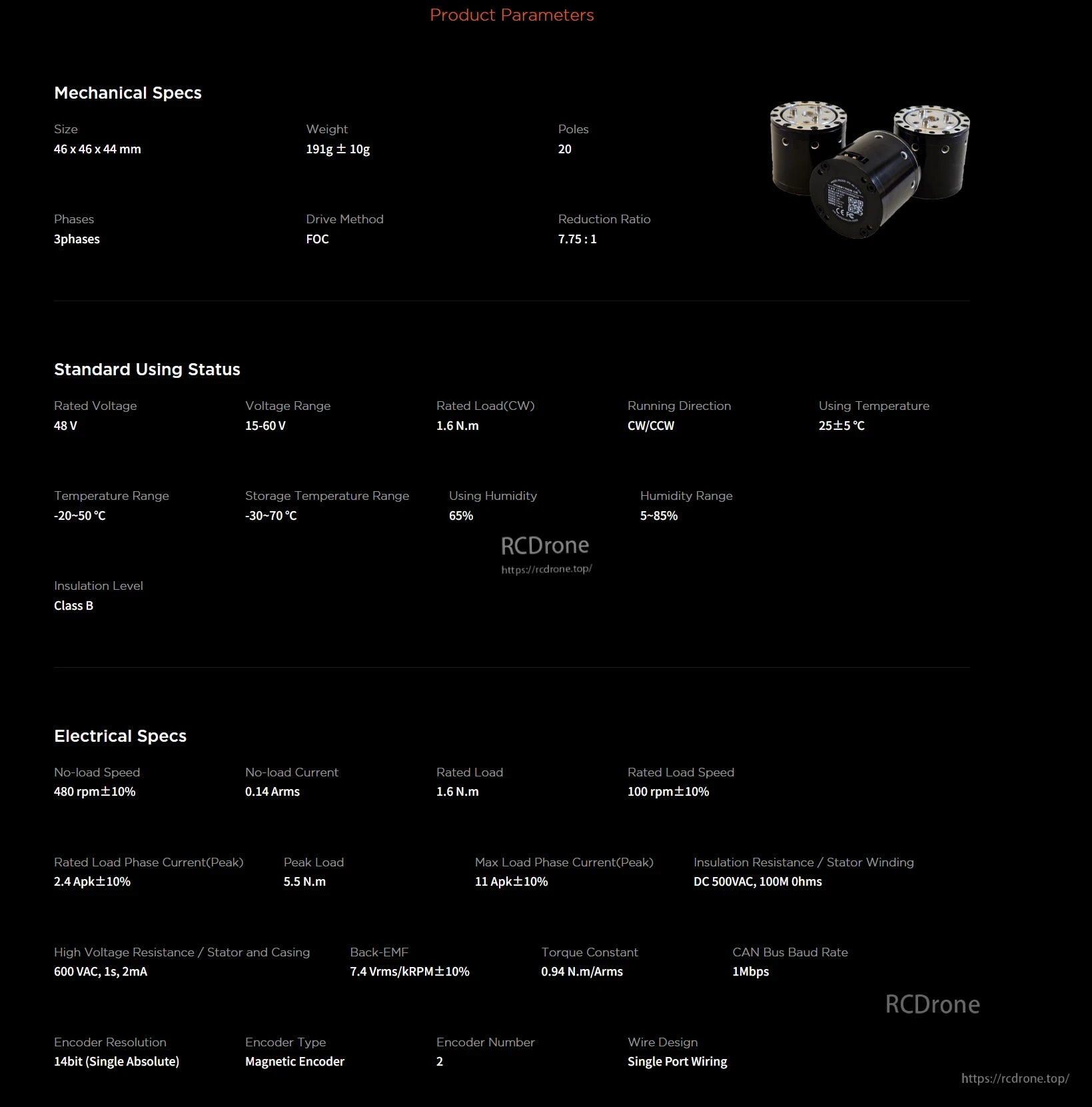 RobStride 05 Actuator Module: Compact, 46x46x44 mm, 191g, 20 poles, 3-phase FOC drive, 7.75:1 ratio, 48V (15-60V range), 1.6 N.m load, -20 to 50°C, 480 rpm no-load, 100 rpm rated speed, 14-bit encoder.