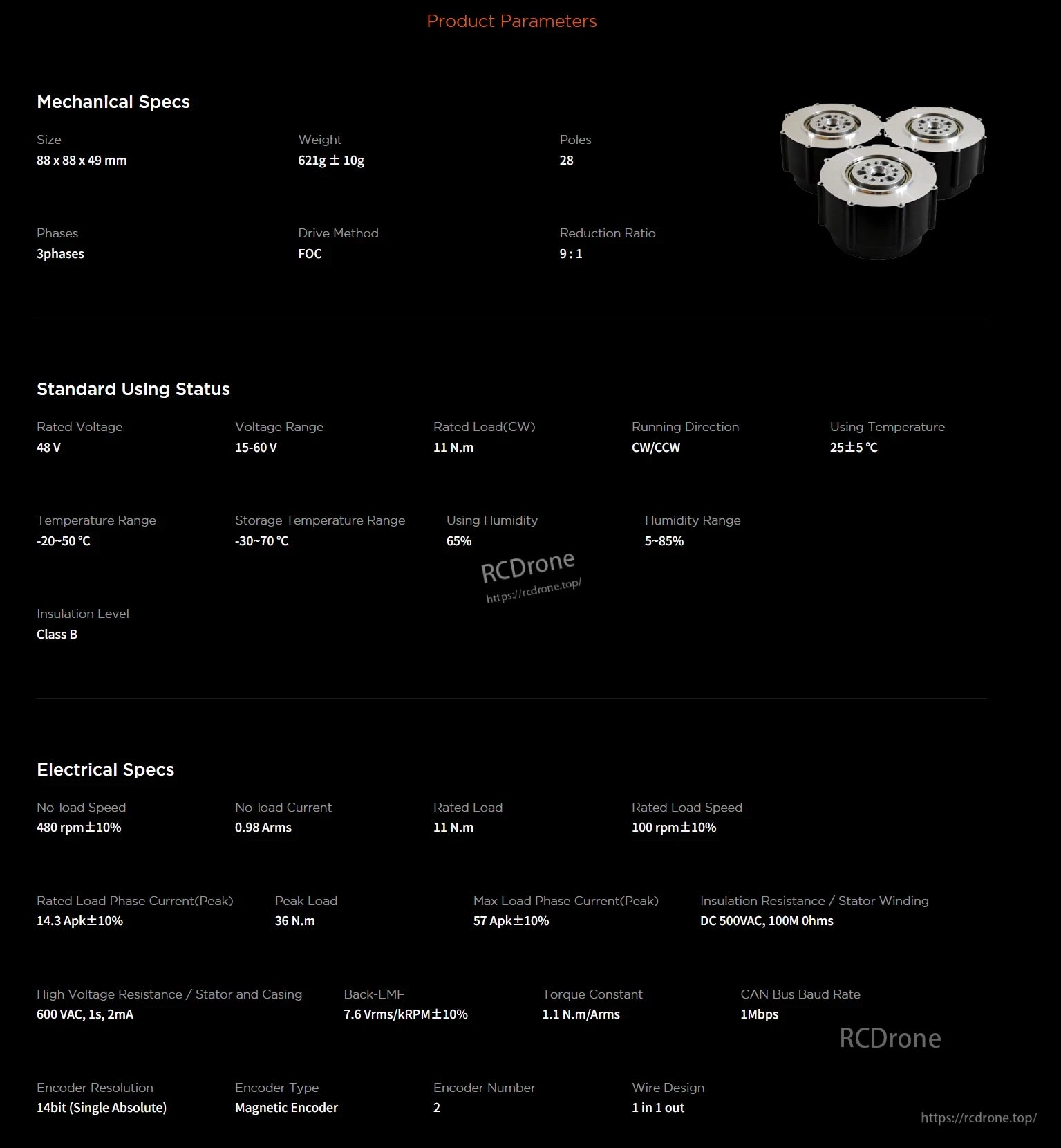 RobStride 06 Actuator Module, RobStride 06 Actuator: 88x88x49 mm, 621g, 28 poles, 3-phase FOC drive, 9:1 reduction. 48V (15-60V), 11 N.m, 480 rpm no-load, 100 rpm rated, 14.3 Apk, 14-bit encoder.