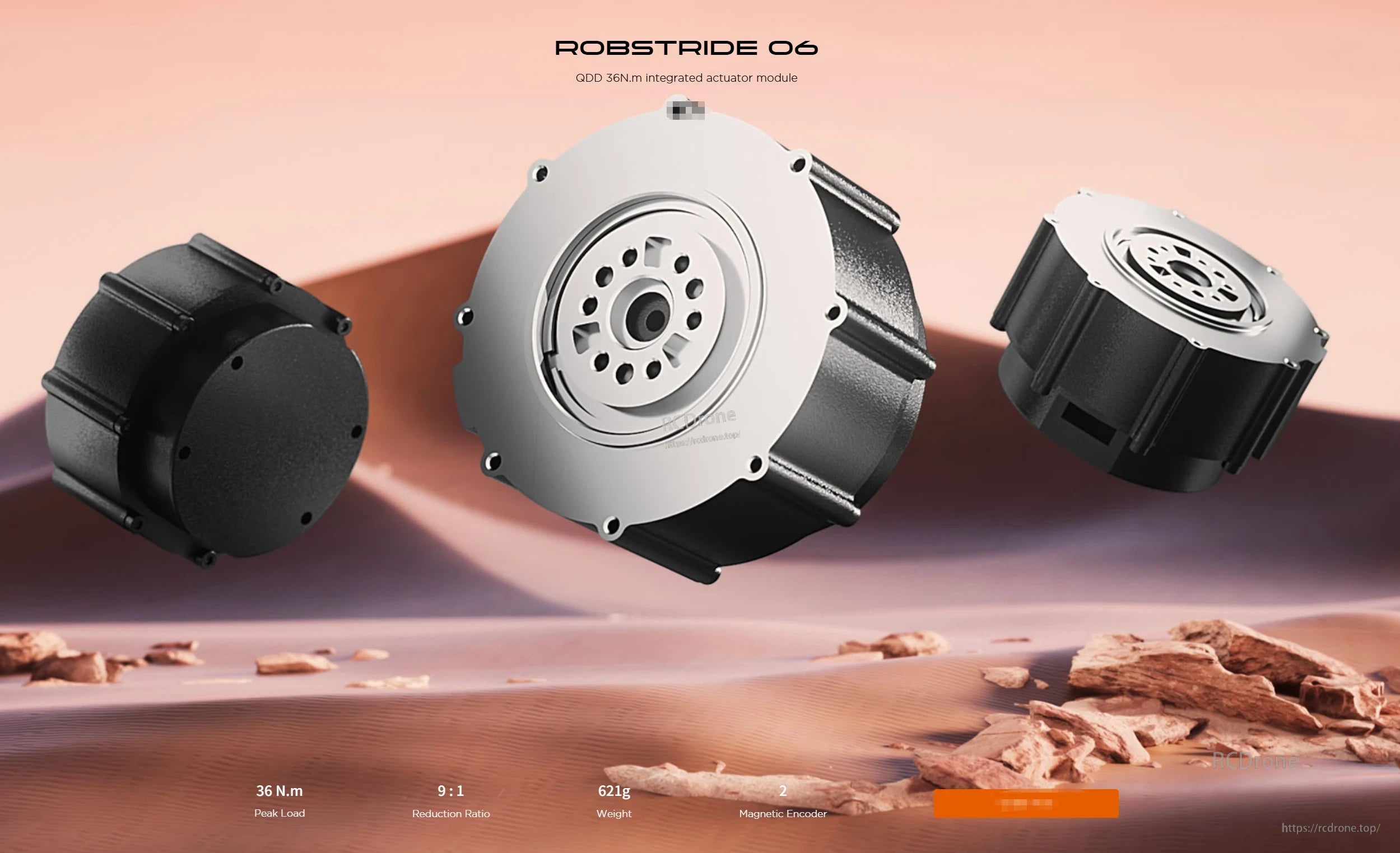 RobStride 06 Actuator Module: 36 N.m peak torque, 9:1 gear ratio, 621g weight, features magnetic encoder.