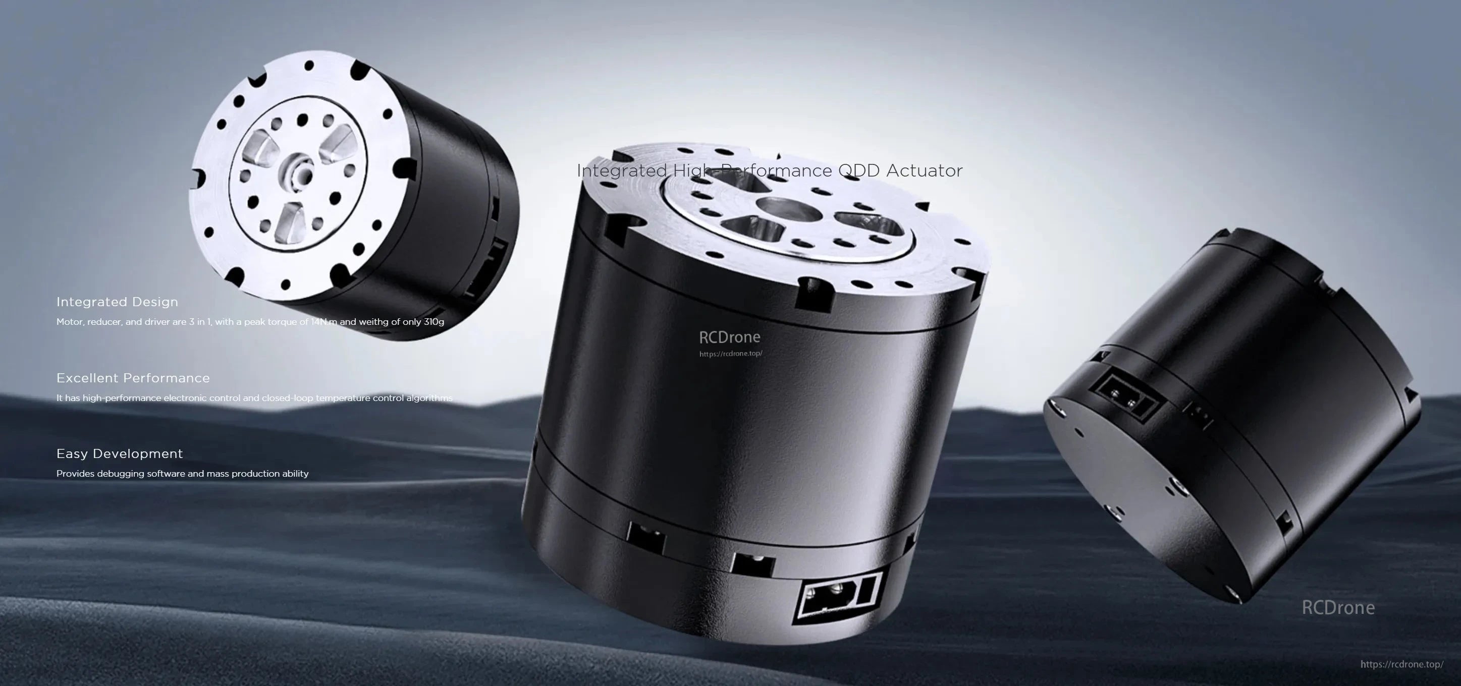 RobStride QDD Motor, The integrated QDD actuator combines motor, reducer, and driver in one unit, delivering 14Nm peak torque, lightweight 310g design, and easy development.