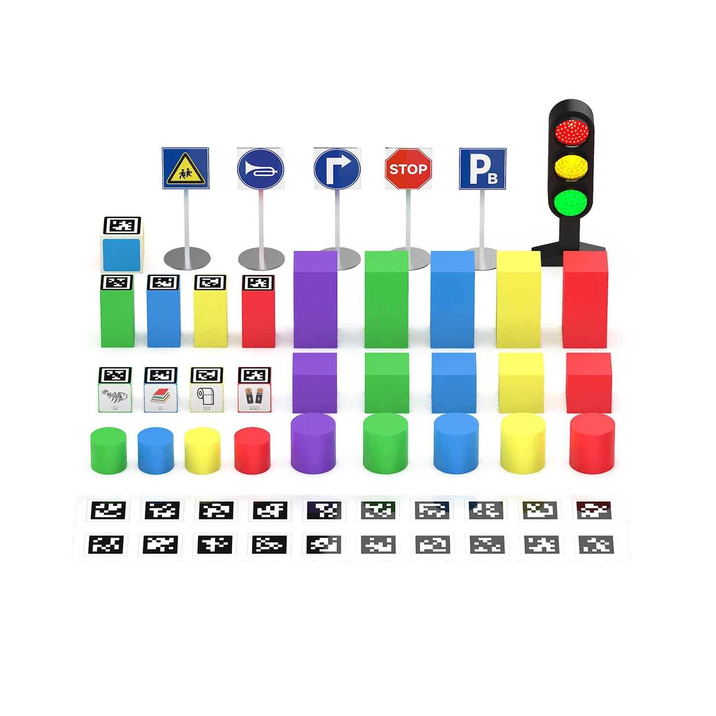 Collection of colorful traffic light and road sign models for robot car kit on a white background