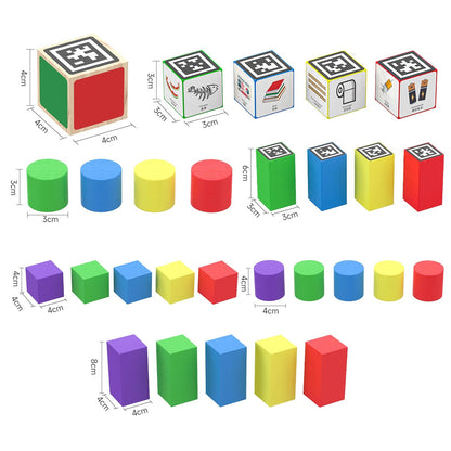 Colorful geometric shape blocks with dimensions on a white background