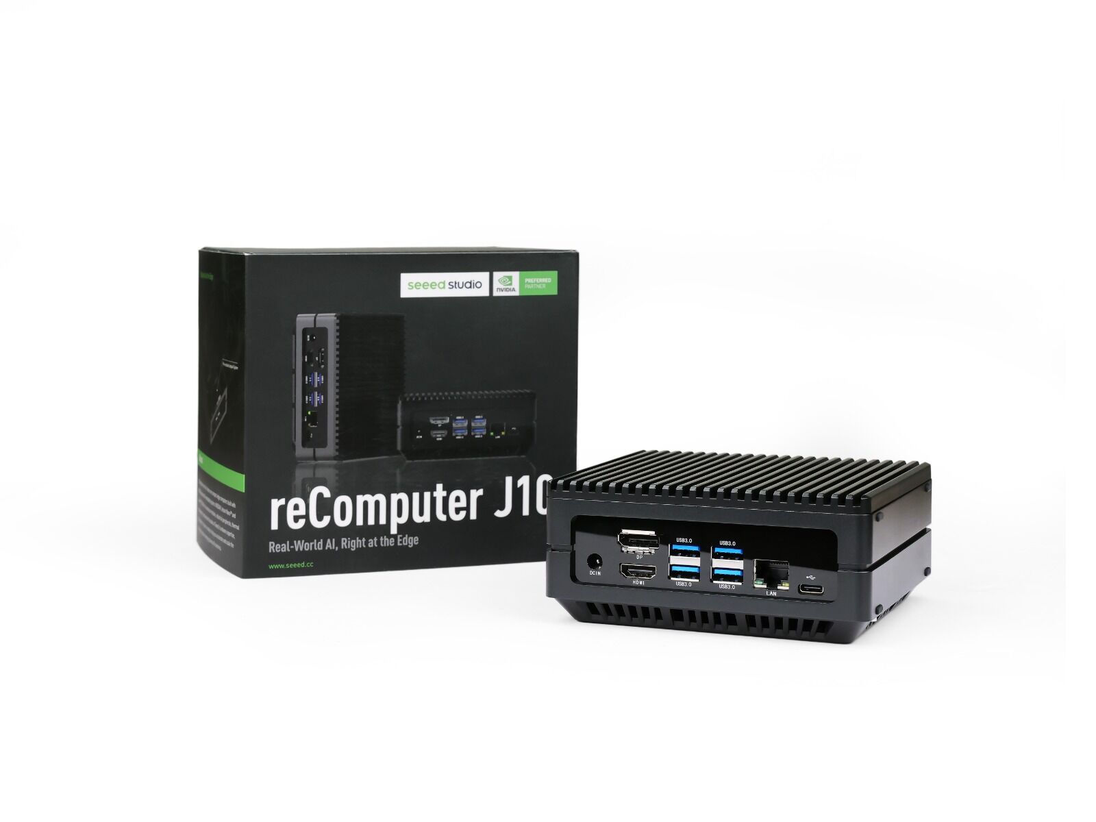 The reComputer J1020 is an Edge AI computer powered by Jetson Nano, featuring USB 3.0, HDMI, and DisplayPort for high-performance AI applications in compact form.