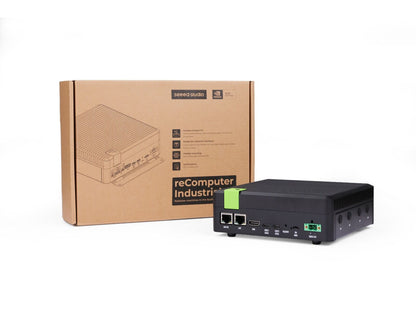 Fanless reComputer J4012 with Jetson Orin NX 16GB, dual GbE, CAN, HDMI, M.2 NVMe, delivers 100 TOPS for industrial AI applications.