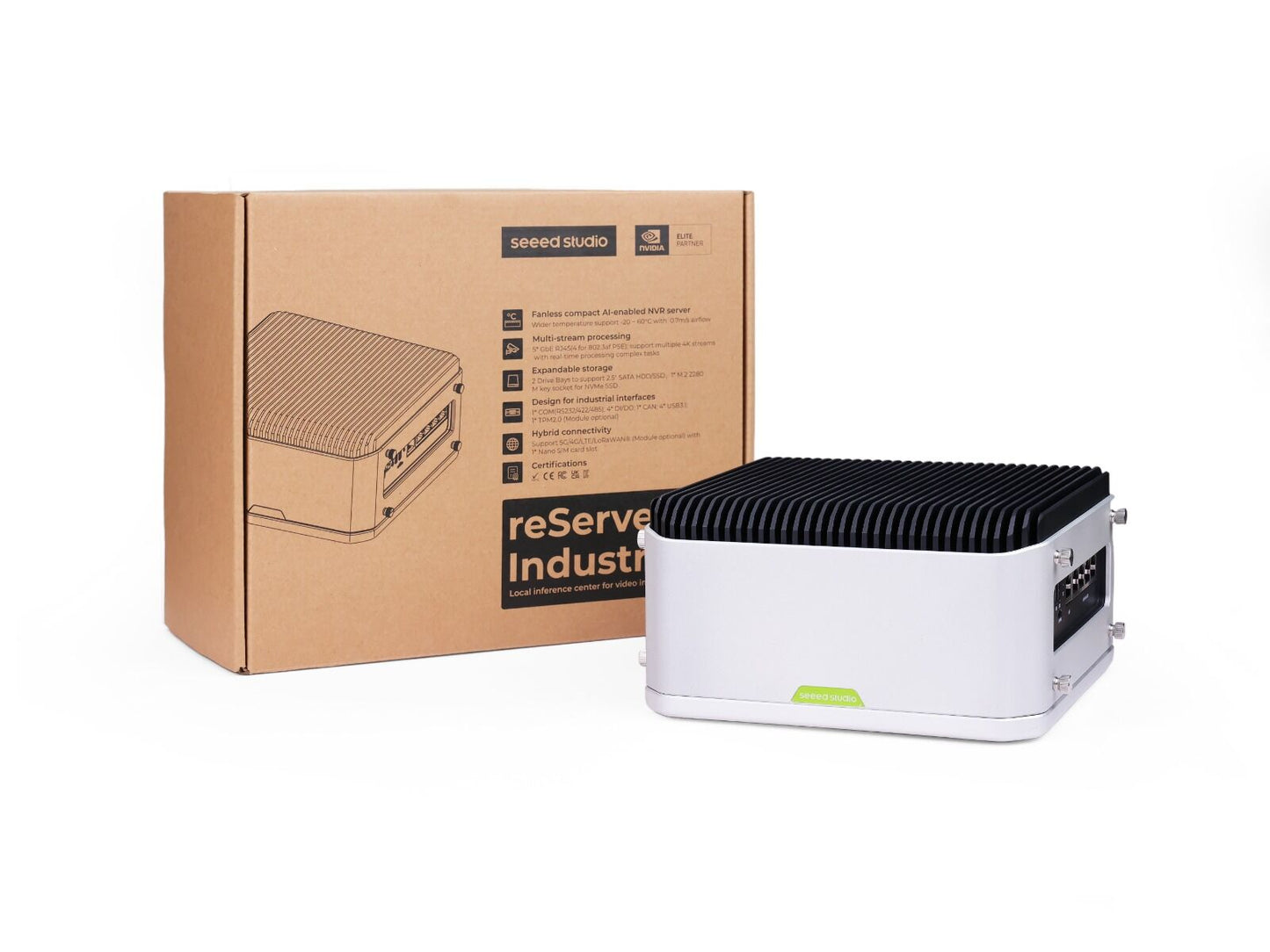 AI-enabled NVR server with Jetson Orin NX, 16GB memory, high processing power, and multiple networking and storage options.