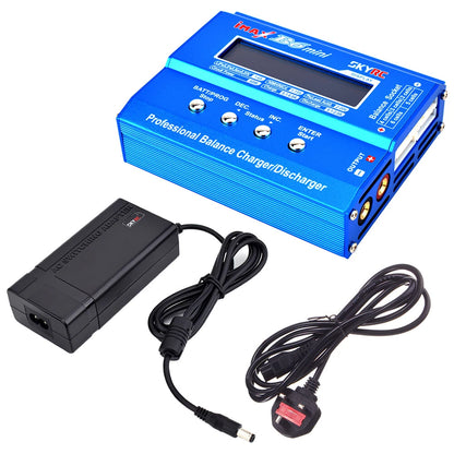 SKYRC iMAX B6mini Professional Balance Charger, SKYRC iMAX B6 mini balance charger with LCD screen, control buttons, and included AC power adapter and cable