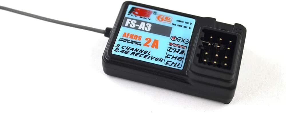 FlySky FS-A3 receiver angled view showing 3-channel pin connector and top label on black case