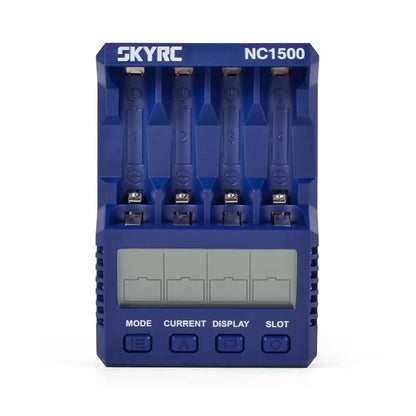 SkyRC NC1500 AA/AAA battery charger with four numbered slots, LCD screen, and mode/current/display buttons