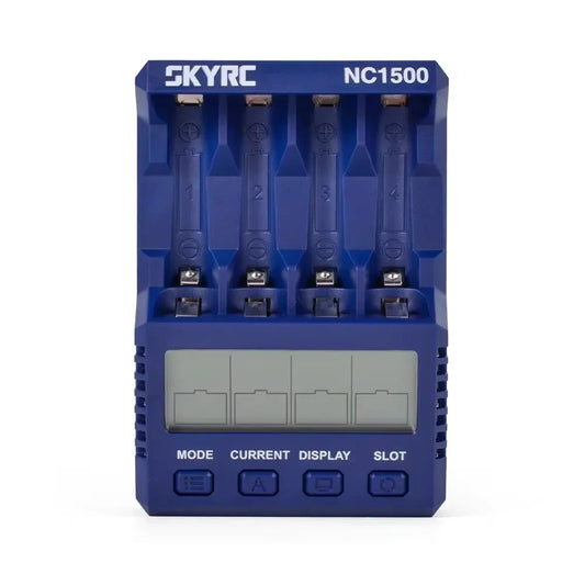 SkyRC NC1500 AA/AAA battery charger with four numbered slots, LCD screen, and mode/current/display buttons