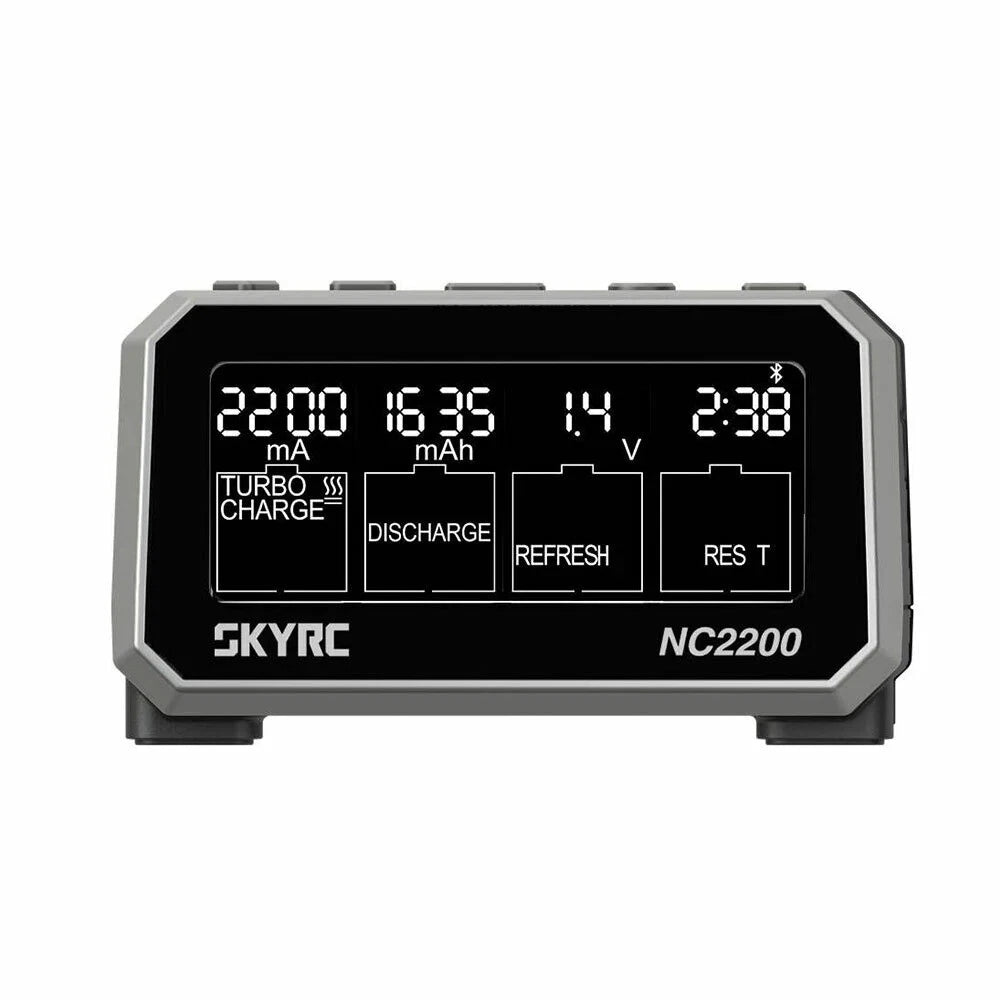 SkyRC NC2200 battery charger analyzer with front LCD display and Turbo Charge, Discharge, Refresh, Rest modes