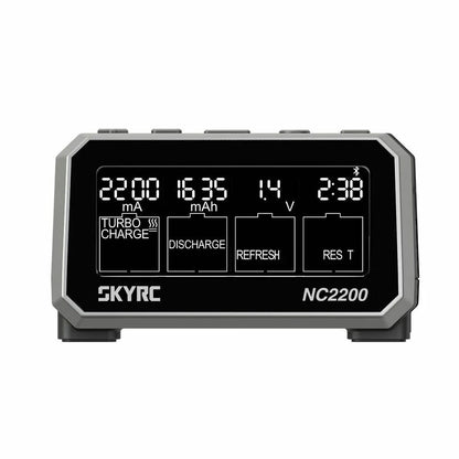 SkyRC NC2200 battery charger analyzer with front LCD display and Turbo Charge, Discharge, Refresh, Rest modes
