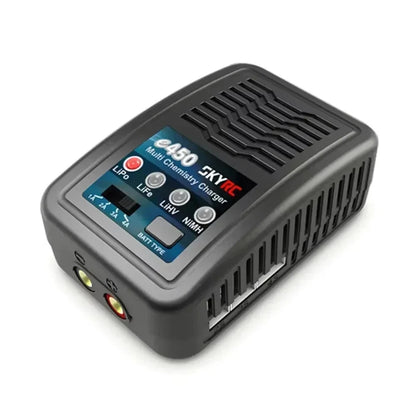 SkyRC e430 AC LiPo/LiFe 2-4S Balance Charger, SkyRC e450 multi-chemistry balance charger with LiPo/LiFe/LiHV/NiMH buttons and 1A–4A current switch