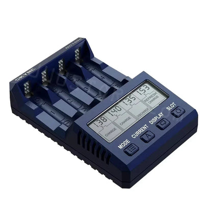 SkyRC NC1500 AA/AAA battery charger with four charging slots, LCD screen, and mode/current/display buttons