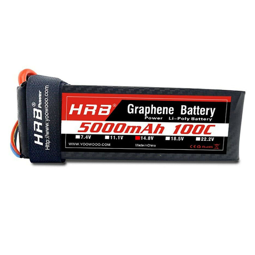 HRB Graphene 4S 14.8V 5000mAh 100C LiPo battery pack with Velcro strap, label side view