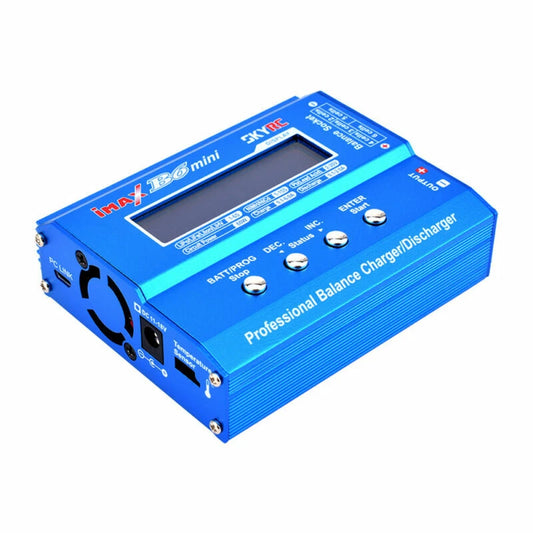 SKYRC iMAX B6mini Professional Balance Charger, SKYRC iMAX B6 mini balance charger with LCD screen, control buttons, and DC 11–18V input port