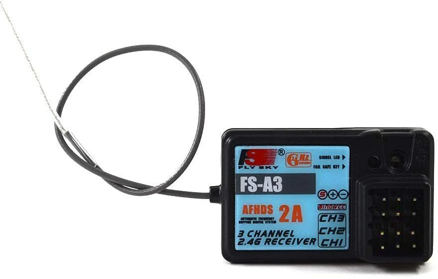 FlySky FS-A3 2.4G AFHDS 2A receiver with 3-channel port and single wire antenna, top view