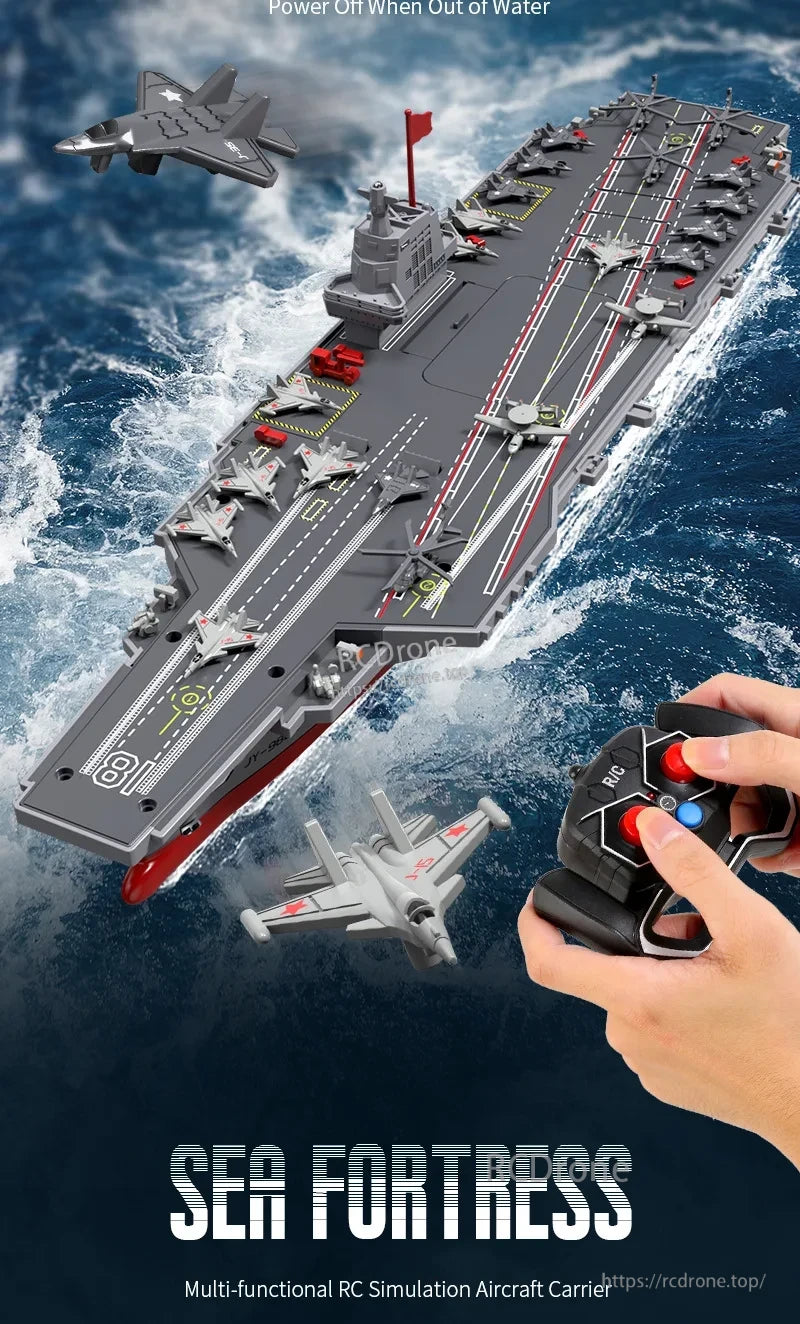 S19 RC Warship, Sea Fortress is a multi-functional RC aircraft carrier that powers off when out of water, includes a remote control and multiple aircraft models.